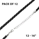 16" Black 4mm Rayon Twisted Necklace w/ Steel Adj Clasp - Pack of 12