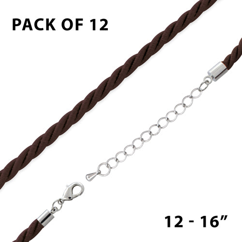 16" Brown 4mm Rayon Twisted Necklace w/ Steel Adj Clasp - Pack of 12