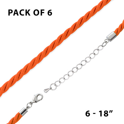 18" 4mm Orange Rayon Twisted Necklace w/ Steel Adj Clasp - Pack of 6