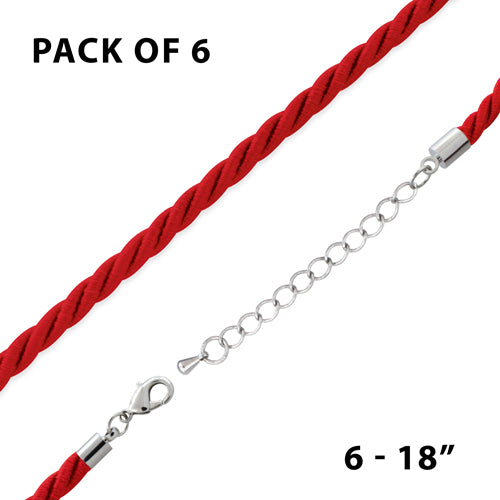 18" 4mm Red Rayon Twisted Necklace w/ Steel Adj Clasp - Pack of 6