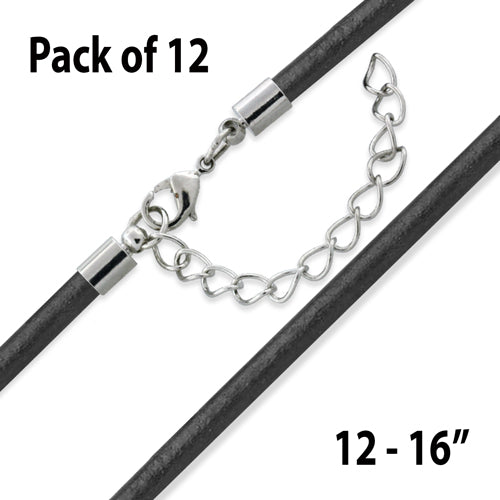 16" 3.0mm Black Leather Cord w/ Adjustable Clasp - Pack of 12