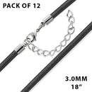 18" 3.0mm Black Leather Cord w/ Adjustable Clasp - Pack of 12
