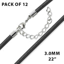 22" 3.0mm Black Leather Cord w/ Adjustable Clasp - Pack of 12