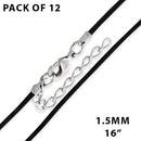 16" 1.5mm Black Leather Cord w/ Adjustable Clasp - Pack of 12