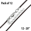20" 1.5mm Brown Leather Cord w/ Adjustable Clasp - Pack of 12