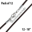 18" 2.5mm Brown Leather Cord w/ Adjustable Clasp - Pack of 12
