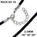 2.5mm Black Leather Cord w/ Adjustable Clasp - Pack of 10