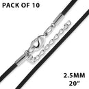 20" 2.5mm Black Leather Cord w/ Adjustable Clasp - Pack of 10