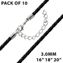 3.0mm Black Braided Leather Cord w/ Adjustable Clasp - Pack of 10