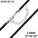 3.0mm Brown Braided Leather Cord w/ Adjustable Clasp - Pack of 10