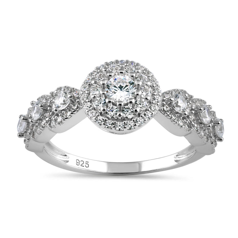 Sterling Silver Round CZ Halo Cluster Engagement Ring