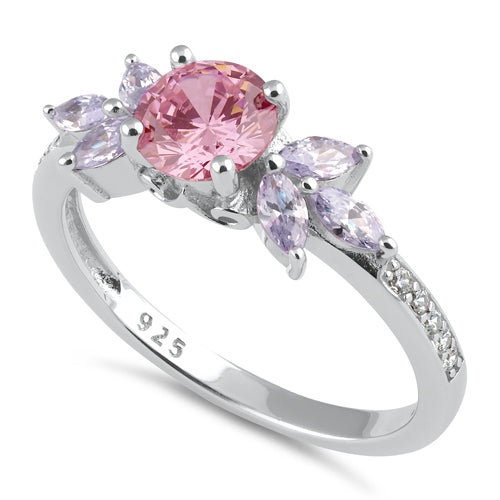 Sterling Silver Flower Leaves Pink and Lavender CZ Ring