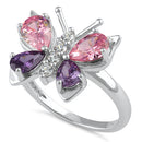 Sterling Silver Large Pink and Purple CZ Butterfly Ring