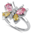 Sterling Silver Large Pink and Yellow CZ Butterfly Ring