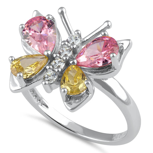 Sterling Silver Large Pink and Yellow CZ Butterfly Ring