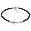 Sterling Silver Black Leather Anchor Bracelet