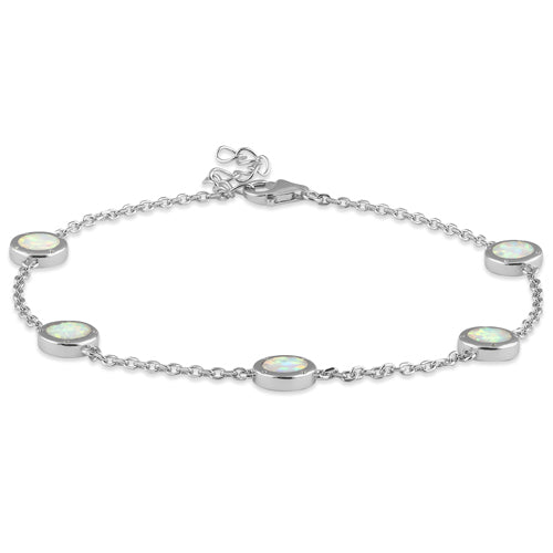 Sterling Silver Adjustable White Lab Opal Station Bracelet