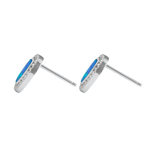 Sterling Silver Unique Blue Lab Opal with CZ Halo Earrings