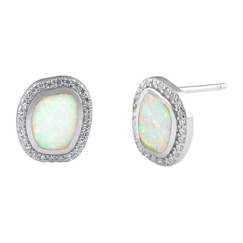 Sterling Silver Unique White Lab Opal with CZ Halo Earrings
