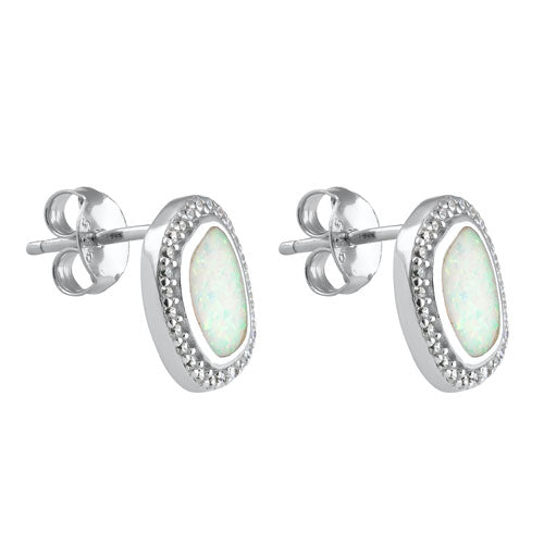 Sterling Silver Unique White Lab Opal with CZ Halo Earrings