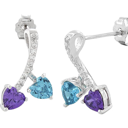Sterling Silver Cherry Hearts Amethyst/Blue Topaz CZ Earrings