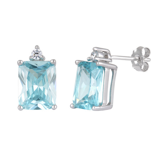 Sterling Silver Rectangular Aquamarine CZ Earrings