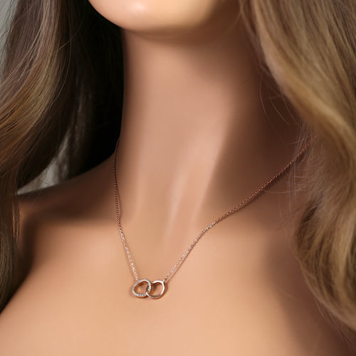Sterling Silver Rose Gold Double Link Circles CZ Necklace