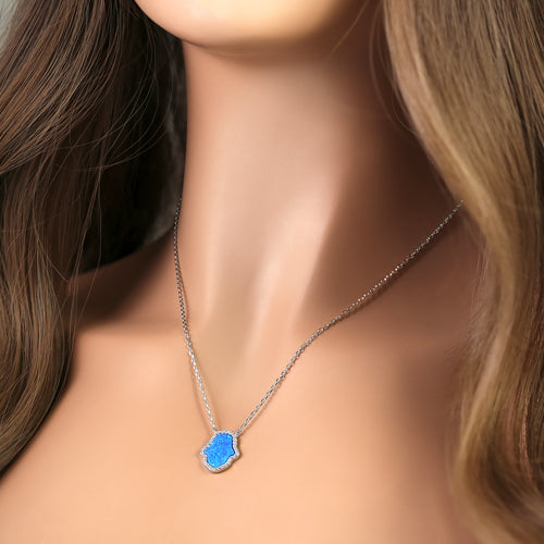 Sterling Silver Clear CZ and Blue Opal Hamsa Necklace