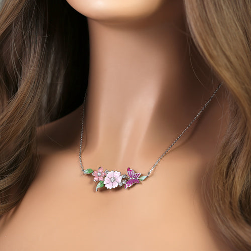 Sterling Silver Clear CZ Enamel Floral Necklace