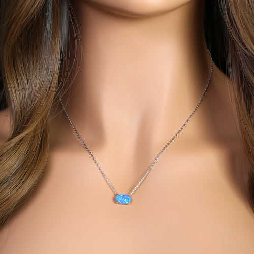 Sterling Silver Blue Lab Opal Oval Necklace