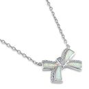 Sterling Silver White Lab Opal and CZ Bow Necklace