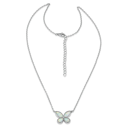 Sterling Silver Adjustable White Lab Opal Butterfly Necklace