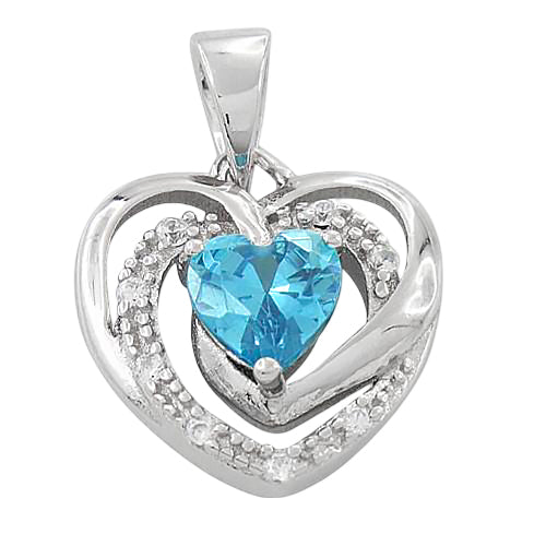 Sterling Silver Precious Heart Aquamarine CZ Pendant