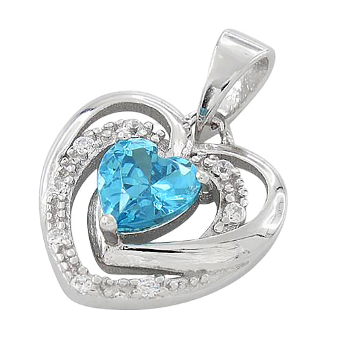 Sterling Silver Precious Heart Aquamarine CZ Pendant