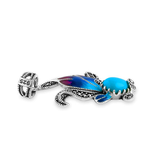 Sterling Silver Simulated Turquoise Fish Ghost Marcasite Pendant
