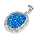Sterling Silver Unique Blue Lab Opal with CZ Halo Pendant