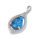 Sterling Silver Elegant Blue Lab Opal Drop with CZ Halo Pendant