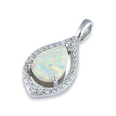 Sterling Silver Elegant White Lab Opal Drop with CZ Halo Pendant