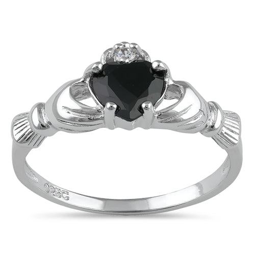 Sterling Silver Claddagh Black Heart CZ Ring