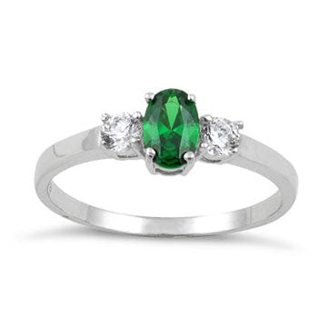 Sterling Silver Oval Cut Emerald CZ Ring