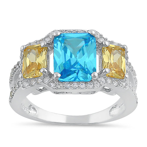 Sterling Silver 3 Stone Blue & Yellow CZ Ring