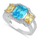 Sterling Silver 3 Stone Blue & Yellow CZ Ring