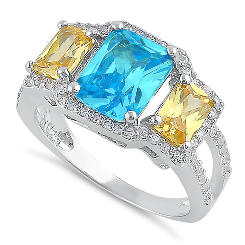 Sterling Silver 3 Stone Blue & Yellow CZ Ring