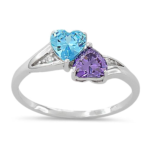 Sterling Silver Double Heart Amethyst & Aquamarine CZ Ring
