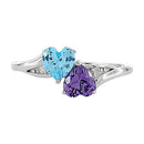 Sterling Silver Double Heart Amethyst & Aquamarine CZ Ring