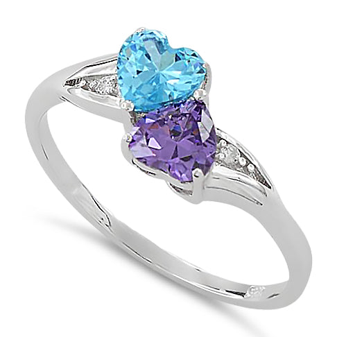 Sterling Silver Double Heart Amethyst & Aquamarine CZ Ring