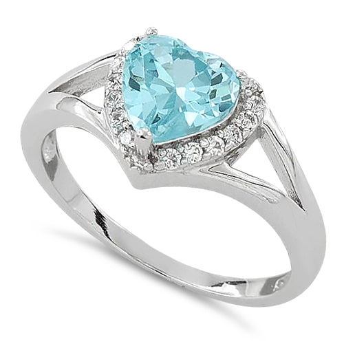 Sterling Silver Heart Shape Aquamarine CZ Ring