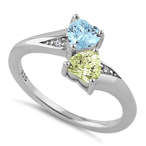 Sterling Silver Double Heart Apple Green & Aquamarine CZ Ring