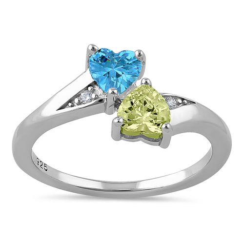 Sterling Silver Double Heart Blue Topaz & Apple Green CZ Ring