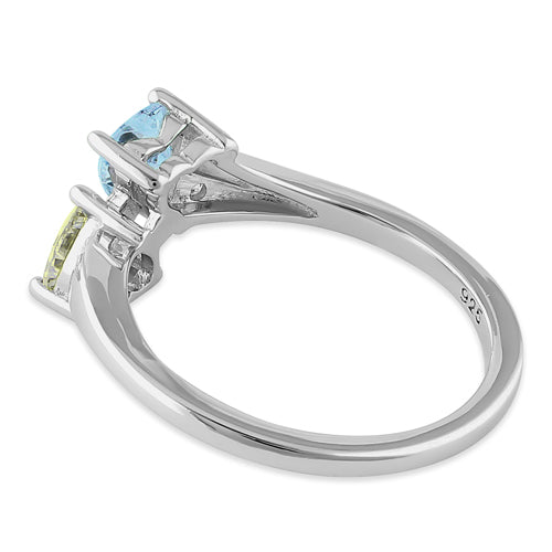 Sterling Silver Double Heart Apple Green & Aquamarine CZ Ring